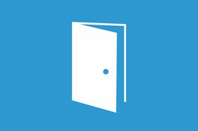 A White Door Symbol On A Blue Background 